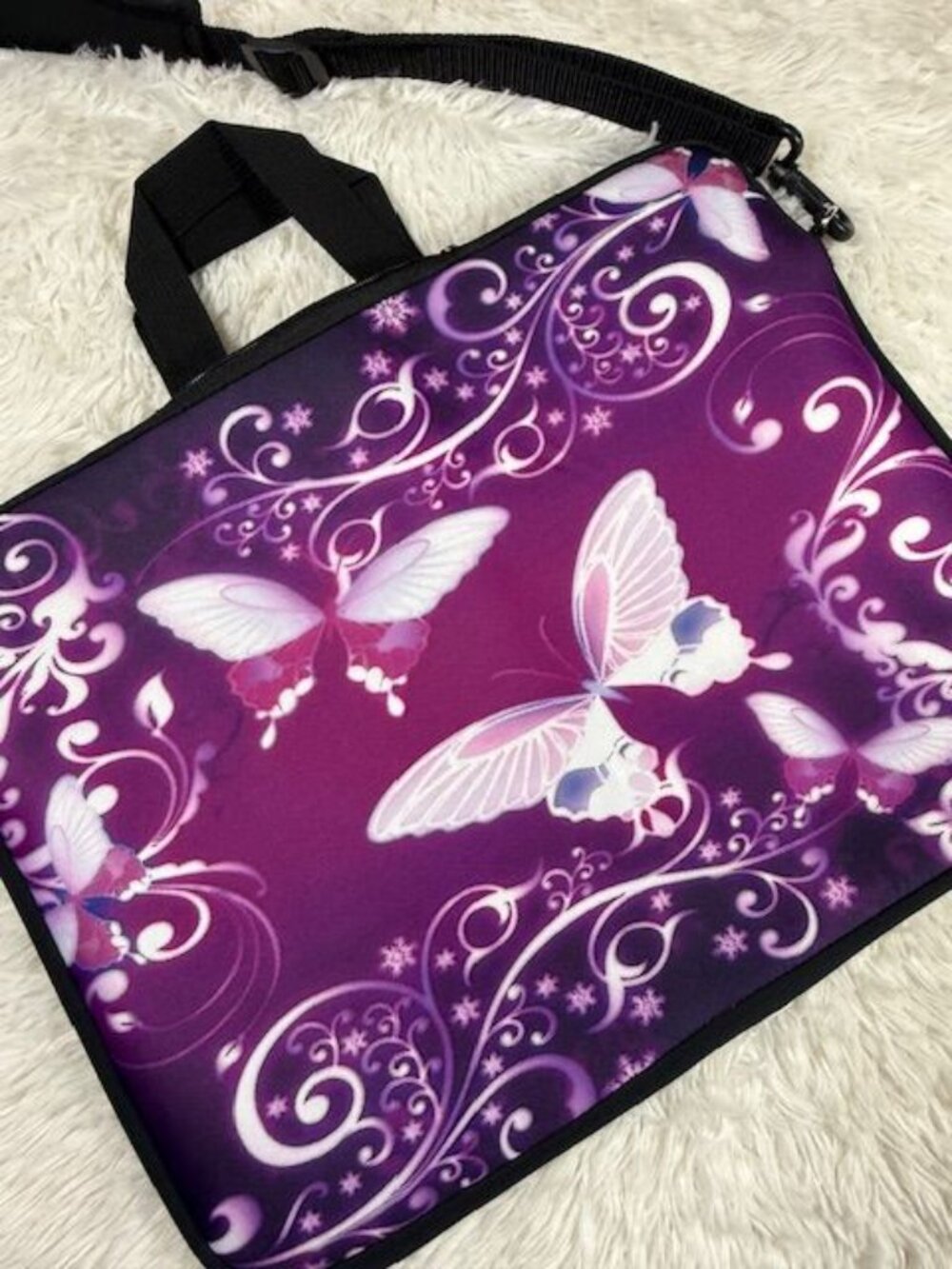 Purple Butterflies Neoprene Laptop Sleeve Carrying Case Handle Adjustable Strap